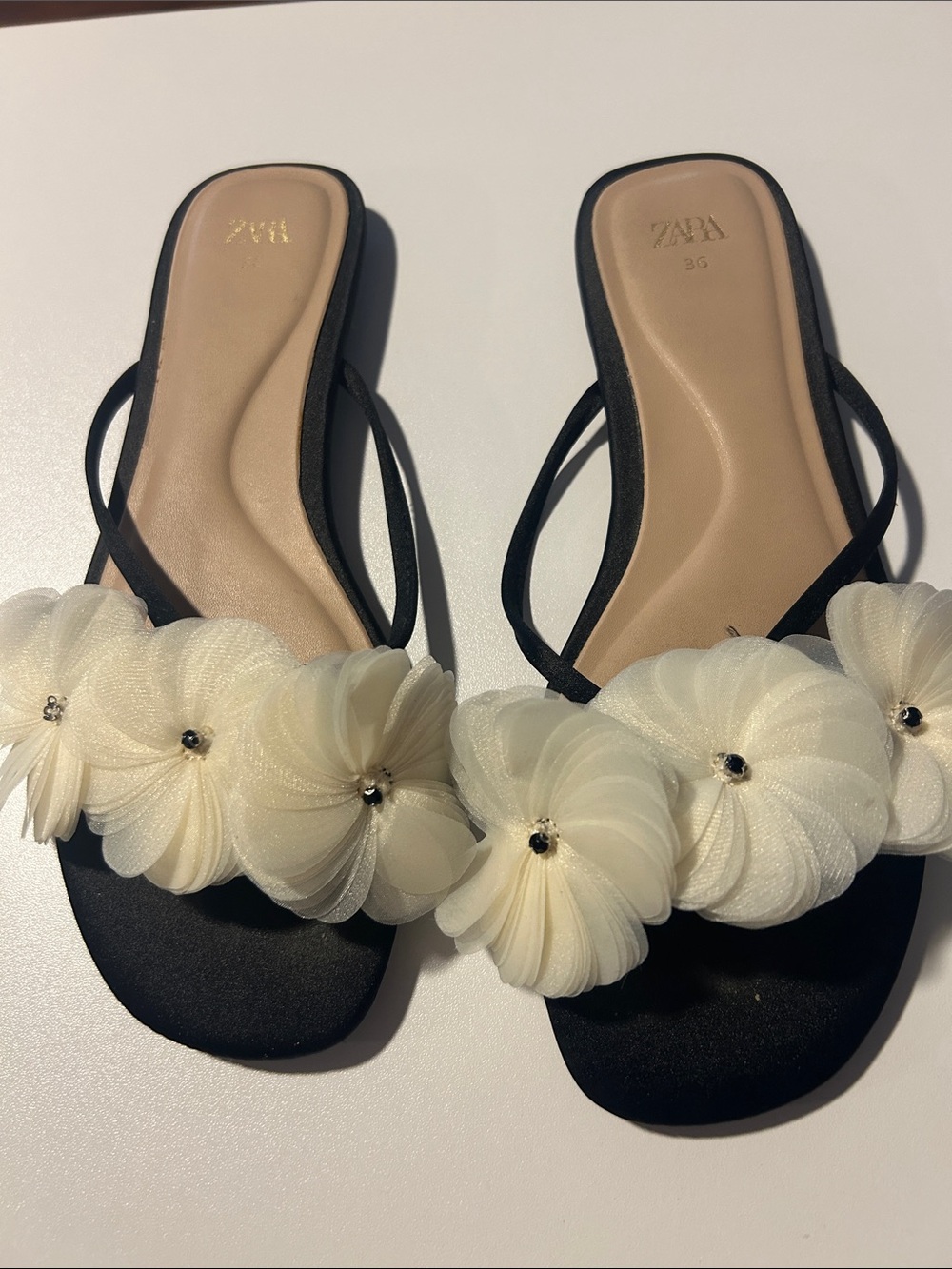 Zara Black Slide Sandals with Cream Floral Appliqués
